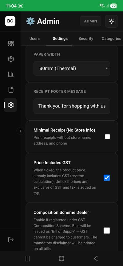 Settings — Dashboard by Bluecheckfin